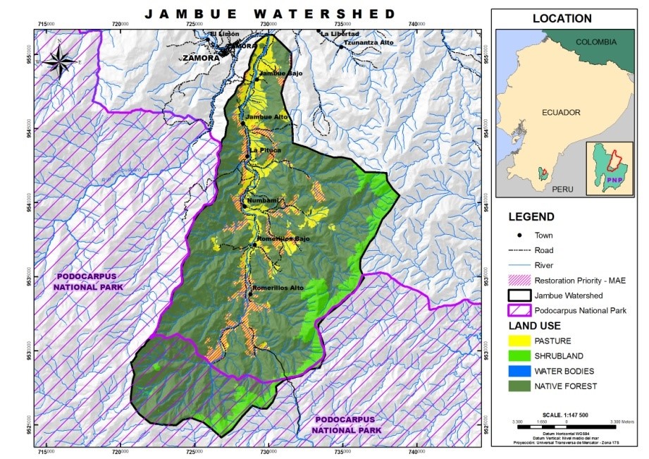 Ecuador’s Ministry of Environment has identified the reddish hatch marks (approx. 4,200 acres) as areas appropriate for reforestation. Santa Cecilia is between la Pituca and Numbami.